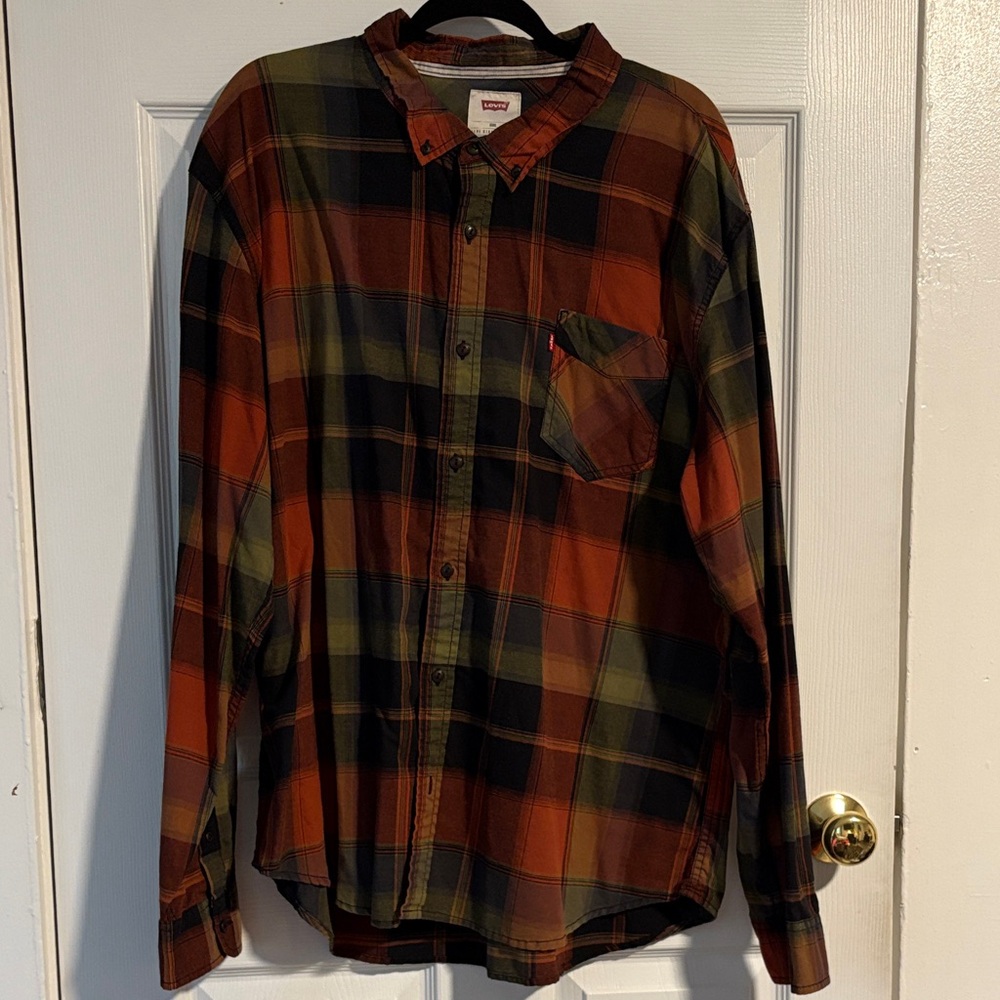 Levi's Men's Casual Plaid Shirt - Orange and Green